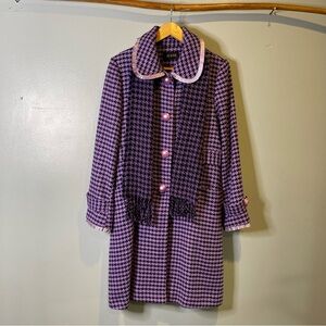 Kuda Purple Houndstooth Women Coat Size Large Pink Buttons Pockets Scarf Lined
